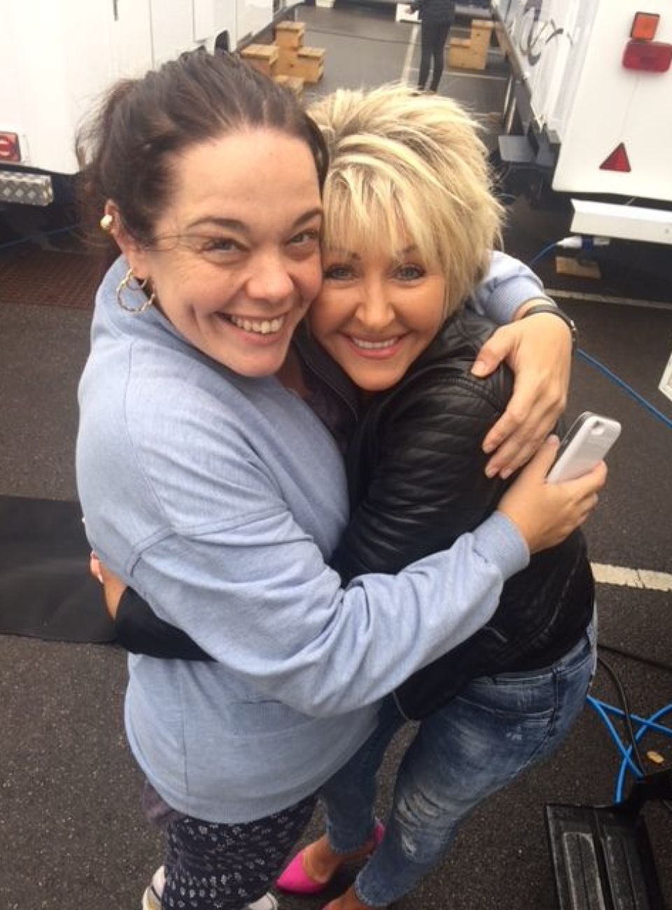 With Lisa Riley, on set filming ‘Three Girls’